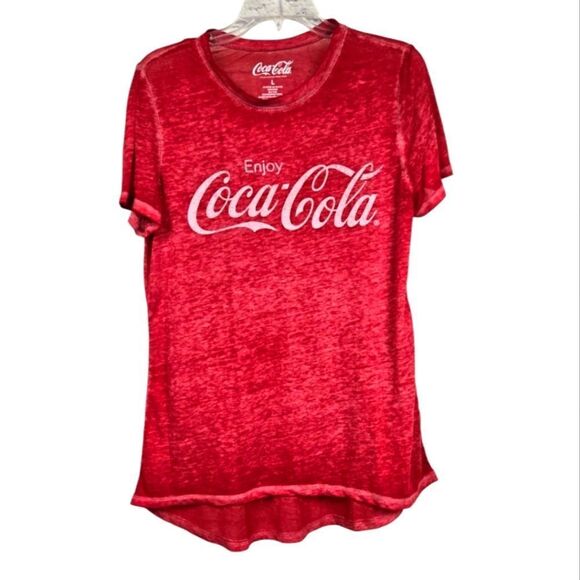 Coca Cola Women's Red Graphic Tee Semi-Sheer Burnout Knit Top Casual T-shirt L - Picture 1 of 6